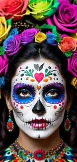 Colorful Day of the Dead sugar skull with vibrant floral headpiece.