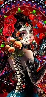 Colorful Day of the Dead wallpaper with sugar skull and floral art.