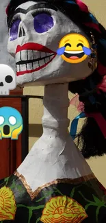 Colorful Day of the Dead skull art with emojis.