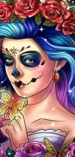 Colorful Day of the Dead art with a floral crown and butterfly.