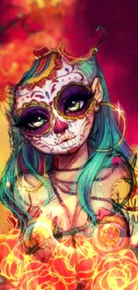 Illustrative Day of the Dead artwork with vibrant colors and floral design.