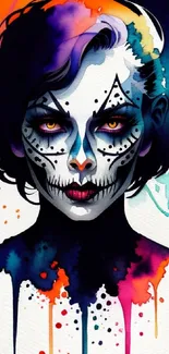 Vibrant Day of the Dead-inspired mobile wallpaper with colorful face art.