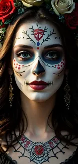 Day of the Dead face paint and floral crown portrait.