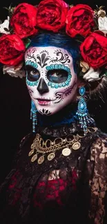 Colorful Day of the Dead face paint with floral headpiece.