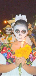 Colorful Day of the Dead celebration with traditional attire and vibrant symbols.