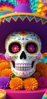 Dia de los Muertos skull with vibrant colors and flowers.
