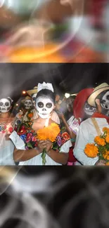 Day of the Dead celebrations with colorful face paint and marigolds.