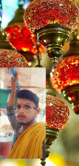 Vibrant red lanterns with young man in glasses for mobile wallpaper.