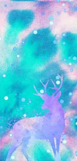 Purple deer on teal and pink watercolor background.