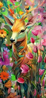 Vibrant deer with floral background mobile wallpaper.