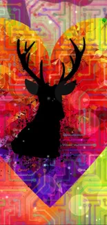 Colorful heart with silhouetted deer design.