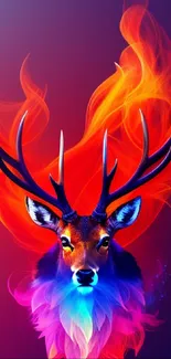 Vibrant deer with colorful flames and antlers.