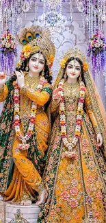 Intricate deity art with vibrant colors and embellishments in a spiritual scene.