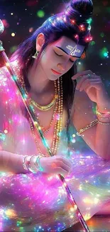 Colorful deity wallpaper with a luminous aura and serene expression.