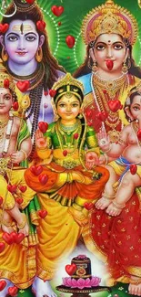 Colorful Hindu deity family artwork with vibrant green background.