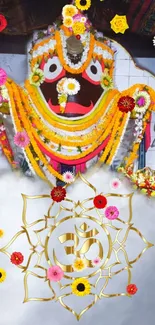 Vibrant deity adorned with flowers and Om symbol on a white background.