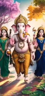 Artistic wallpaper featuring Ganesh and goddesses in a vibrant, colorful landscape.