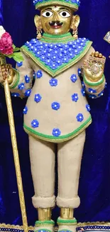 Colorful deity adorned with blue and gold standing against a dark blue backdrop.