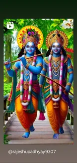 Vibrant deities in colorful attire on a phone wallpaper.