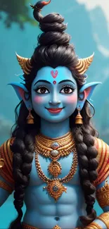 Blue-skinned deity mobile wallpaper with gold and serene landscape background.