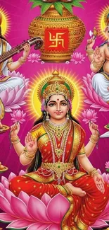 Colorful Hindu deities on lotus background.