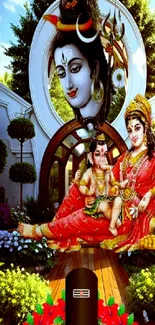 Vibrant deity-themed phone wallpaper with colorful divine figures.