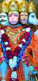 A vibrant deity statue with orange robe and multiple heads, adorned with flowers.