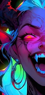 Vibrant demon-inspired wallpaper with neon colors and intricate details.