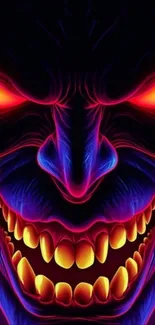 Vibrant demon face with glowing eyes and fiery colors on a dark background.