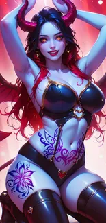 Fantasy demoness with horns and red accents.
