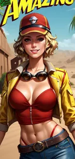 Vibrant artwork of a stylish character in a desert setting.