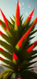 Vibrant cactus with red spikes in desert landscape.