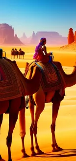 Camel caravan in a vibrant desert landscape with golden sands.