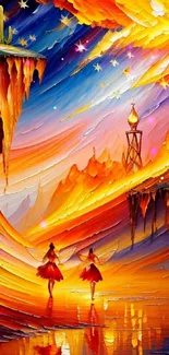 Vibrant abstract desert scene with dancing figures and cosmic sky.