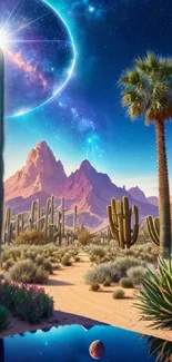 Vibrant desert with galaxy and cacti under a starry sky.