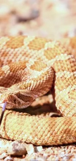 Coiled desert snake with sandy brown scales.