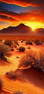 Sunset over a picturesque desert landscape with vibrant orange hues.