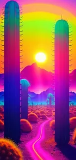 Vibrant desert sunset with colorful cacti and glowing sun over mountains.