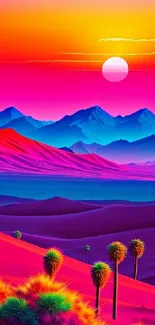 Vibrant desert sunset with mountains and palm trees.