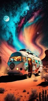 Vintage caravan under cosmic night sky in desert.