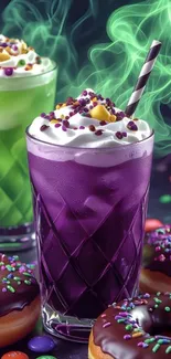 Colorful dessert drinks with donuts