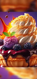 Vibrant dessert wallpaper with berries and cream swirl.