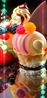 Colorful dessert arrangement with chocolate and fruit on a reflective surface.