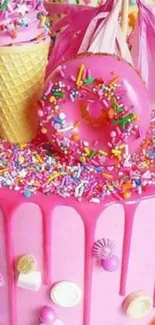 Pink cake with sprinkles, donut, ice cream cone decoration.