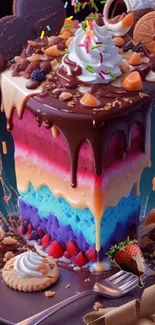 Colorful layered cake with chocolate, fruit, and cookie toppings.