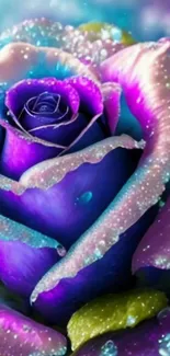 Vibrant rose with dewdrops in purple hues for mobile wallpaper.