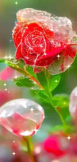 Red rose with dew drops in a vibrant nature setting wallpaper.