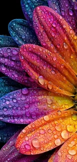 Vibrant flower with dewdrops on rainbow petals.