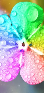 Vibrant flower with rainbow colors and dew drops, perfect for a mobile wallpaper.