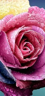 Close-up of a colorful dew-kissed rose in vibrant shades.